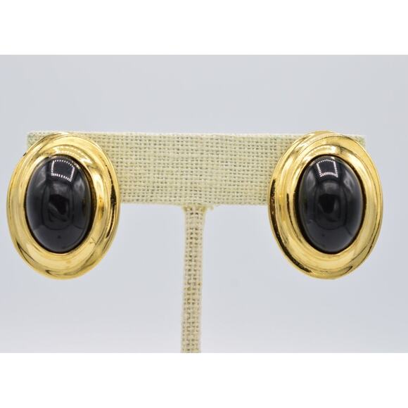 Givenchy Cabochon Clip On Earrings Gold Black Chunky Oval Signed 1980s BinQ - Picture 1 of 12